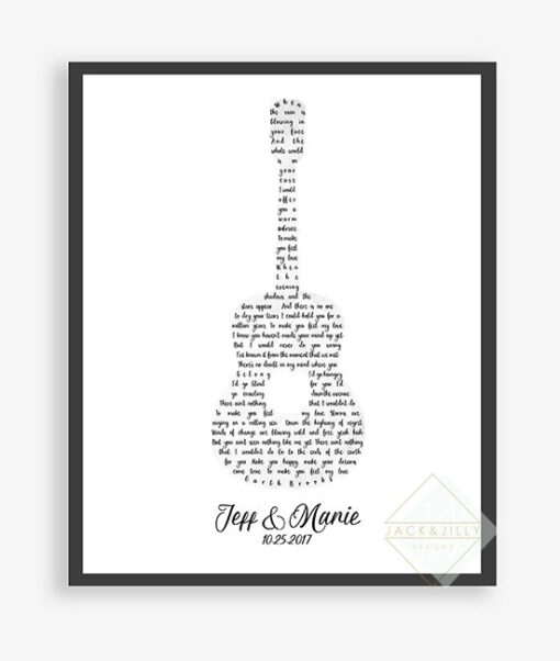 Your wedding song lyrics in the shape of a guitar